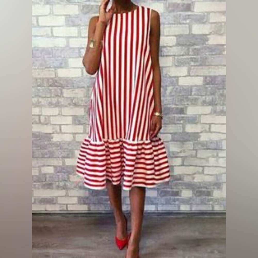 Floryday Red Striped Peplum Hem Midi Dress